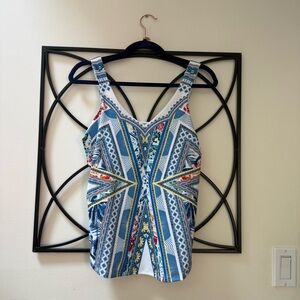 Lucky in Love Blue and White Graphic Ruched Tank Top